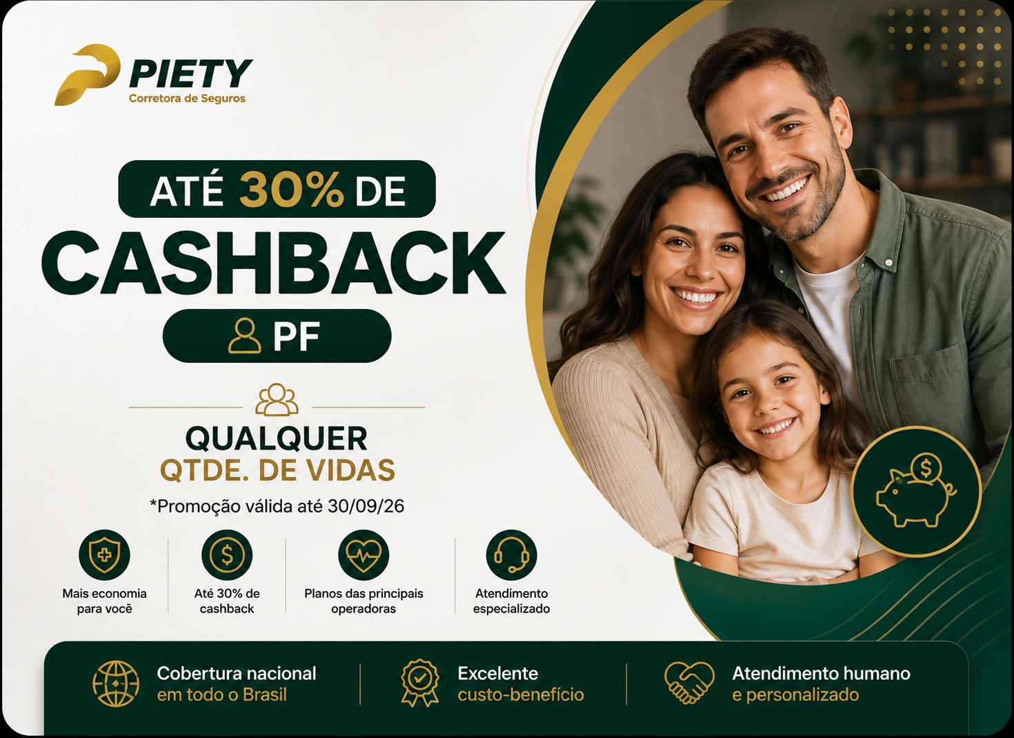 Banner promocional: até 30% de cashback para Pessoa Física, qualquer quantidade de vidas, válido até 30/09/26