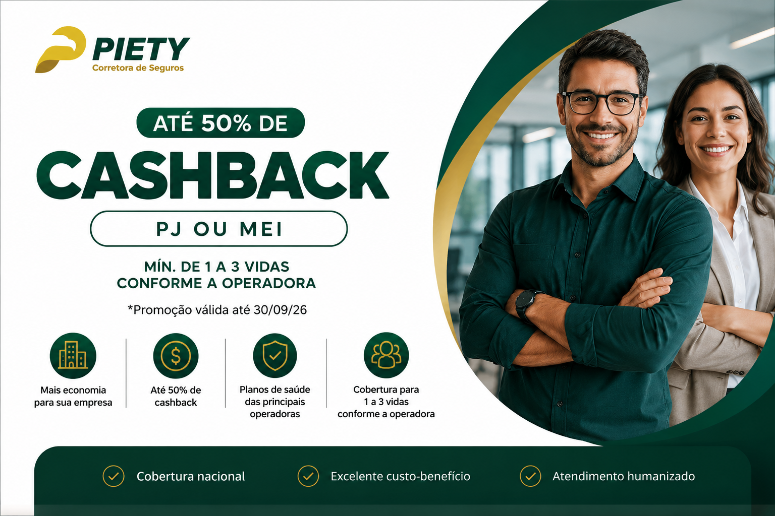 Banner promocional: até 50% de cashback para PJ ou MEI, mínimo de 1 a 3 vidas conforme a operadora, válido até 30/09/26